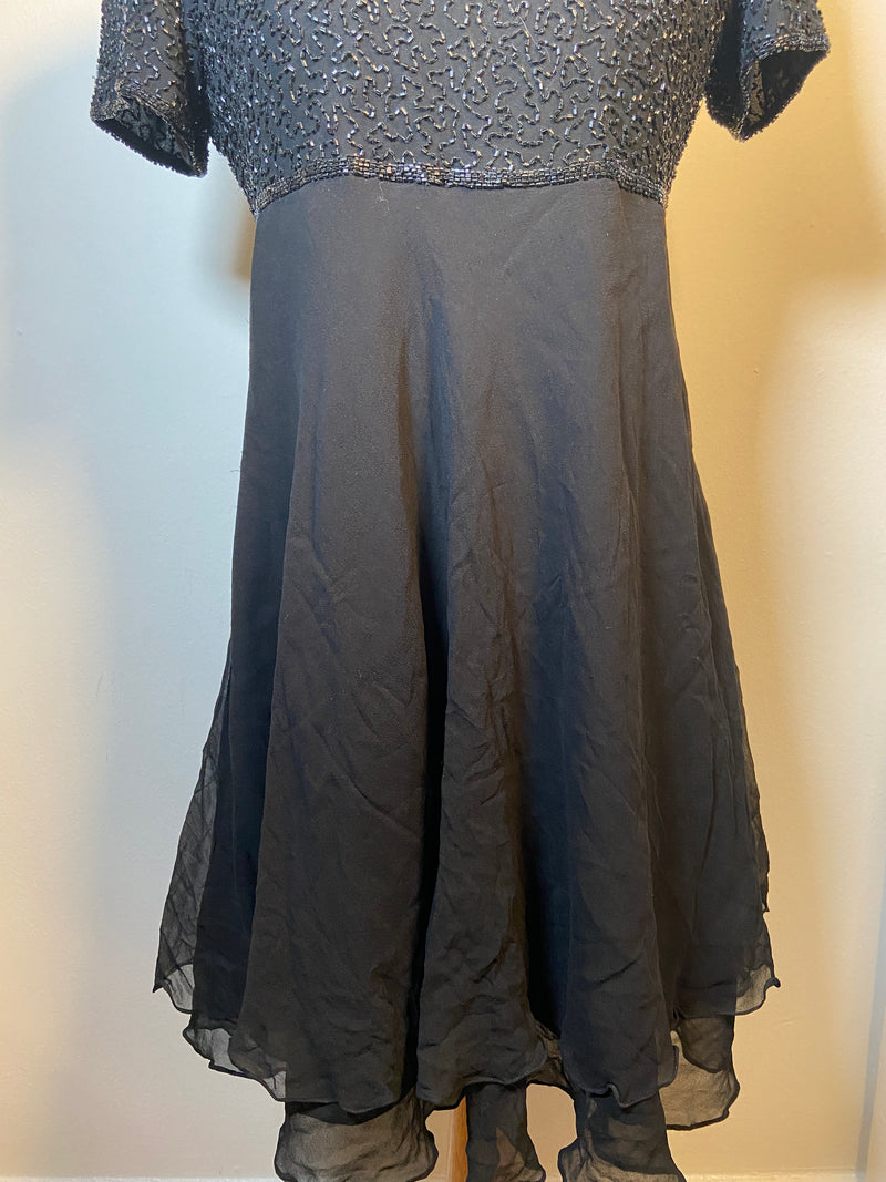 laurence kazar new york silk dress Vintage Laurence Kazar New York Black Beaded Cocktail Dress Gold Silver Pearl XL